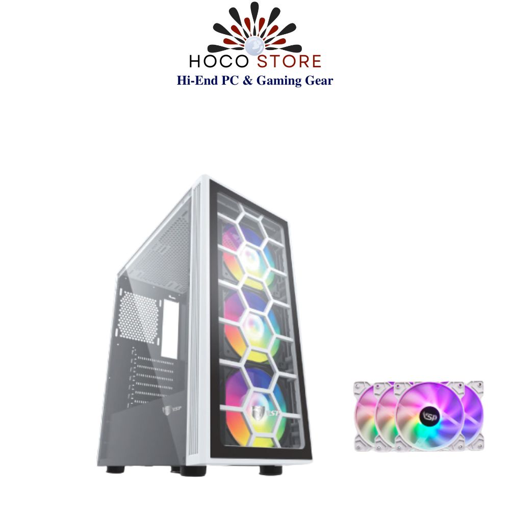 Vỏ Case Máy Tính VSP Gaming FA05 + 4FANS LED - Case ATX, mặt trước kính, hông của kéo kính cường lực - Hàng Chính Hãng