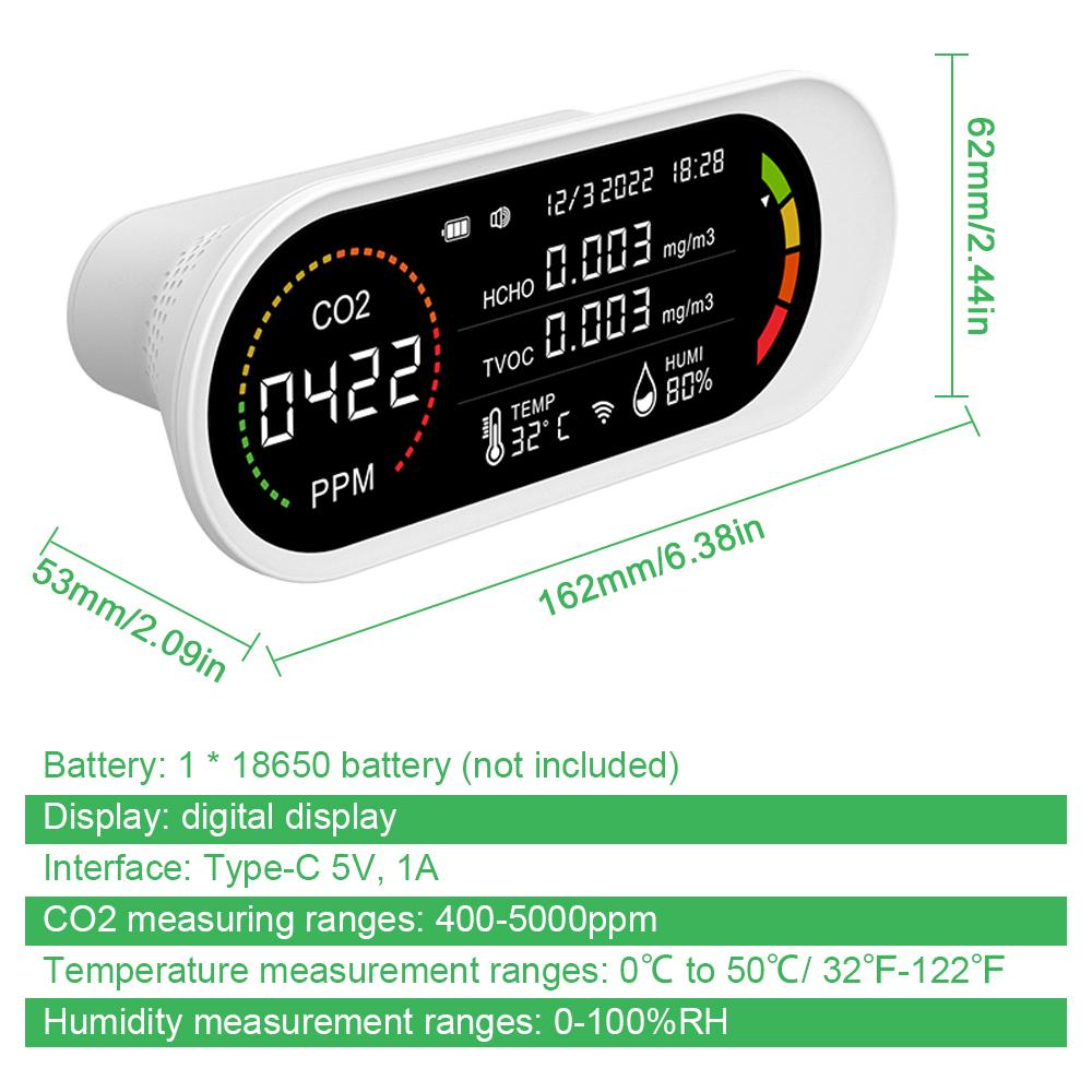 Household Air Quality Detector Multifunctional Semiconductor Sensors CO2 Tester LCD Display with Backlit Carbon Dioxide TVOC HCHO Value Temperature Humidity Detect Self-calibration with Alarm Function