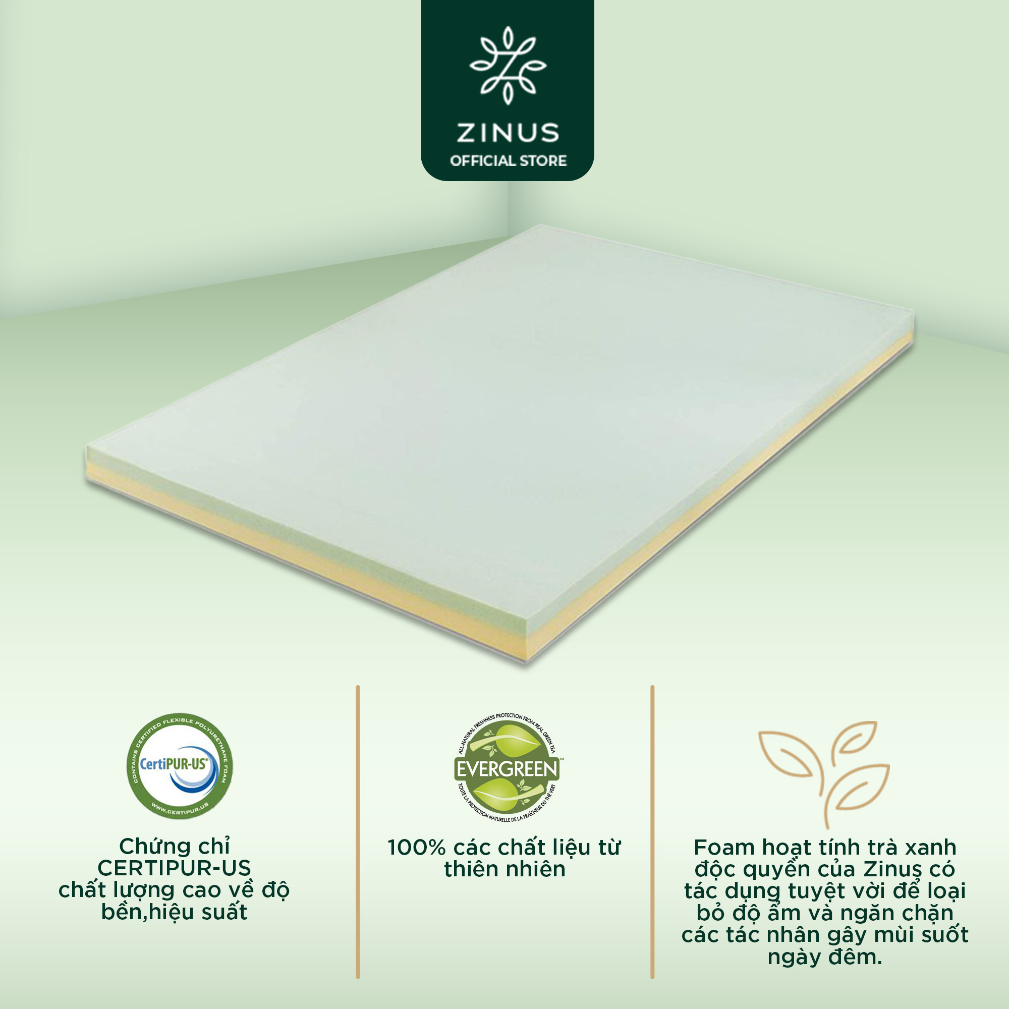 Topper Tấm Tiện Nghi Trà Xanh Gel Mát Làm Mềm Nệm Cao Cấp Zinus - Green Tea Memory Foam 160*200*7.5cm