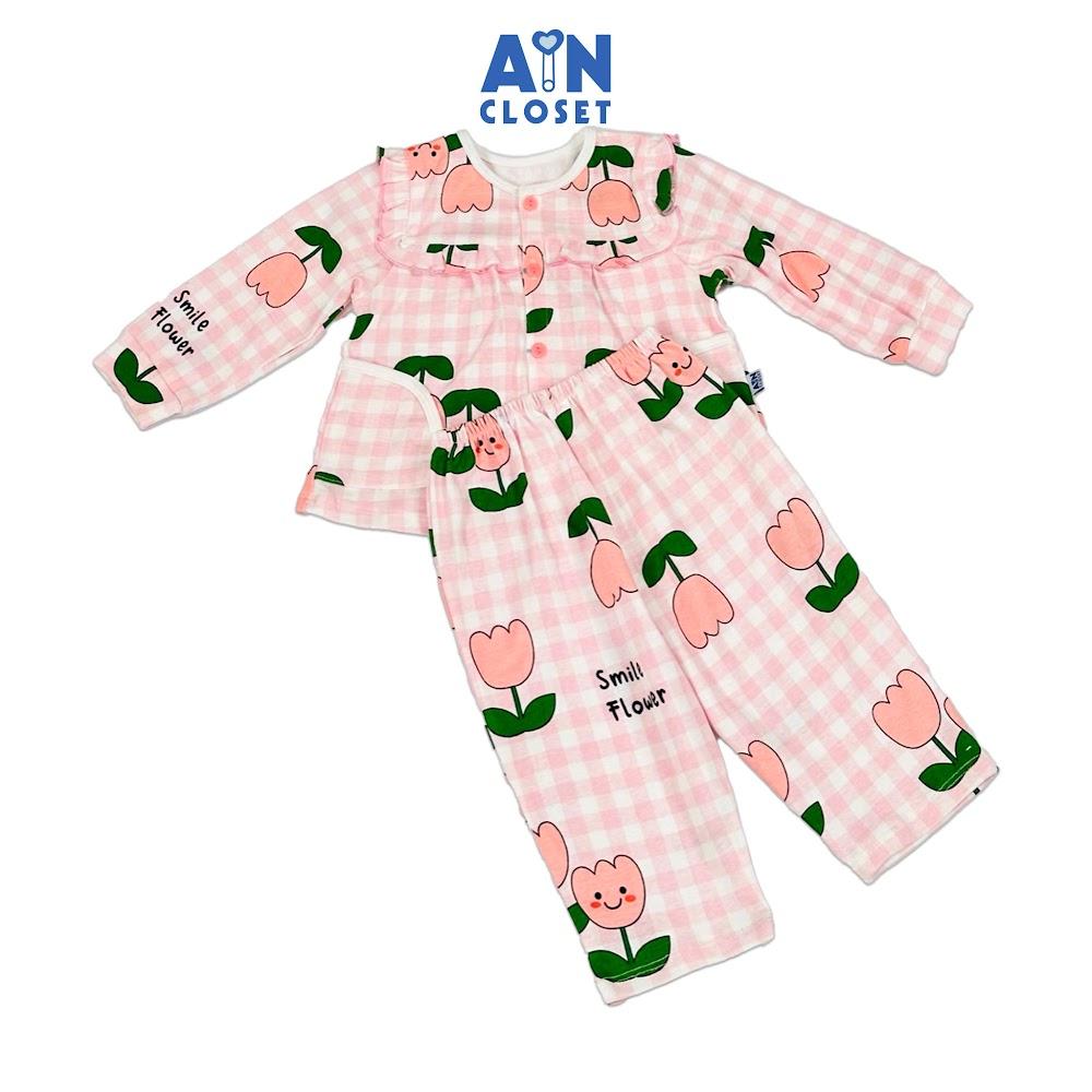 Bộ quần áo Dài bé gái họa tiết Caro Tulip Hồng Thun cotton - AICDBGOUEZBO - AIN Closet