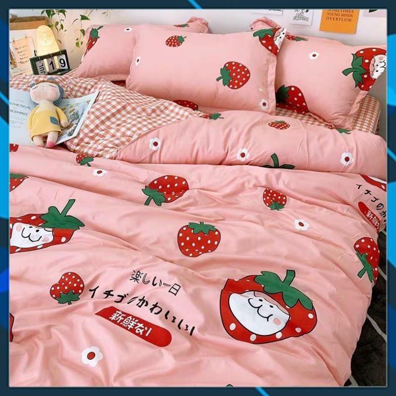 Bộ chăn ga gối Cotton poly bedding quả dâu baby, vỏ chăn mền, drap giường và 2 vỏ gối