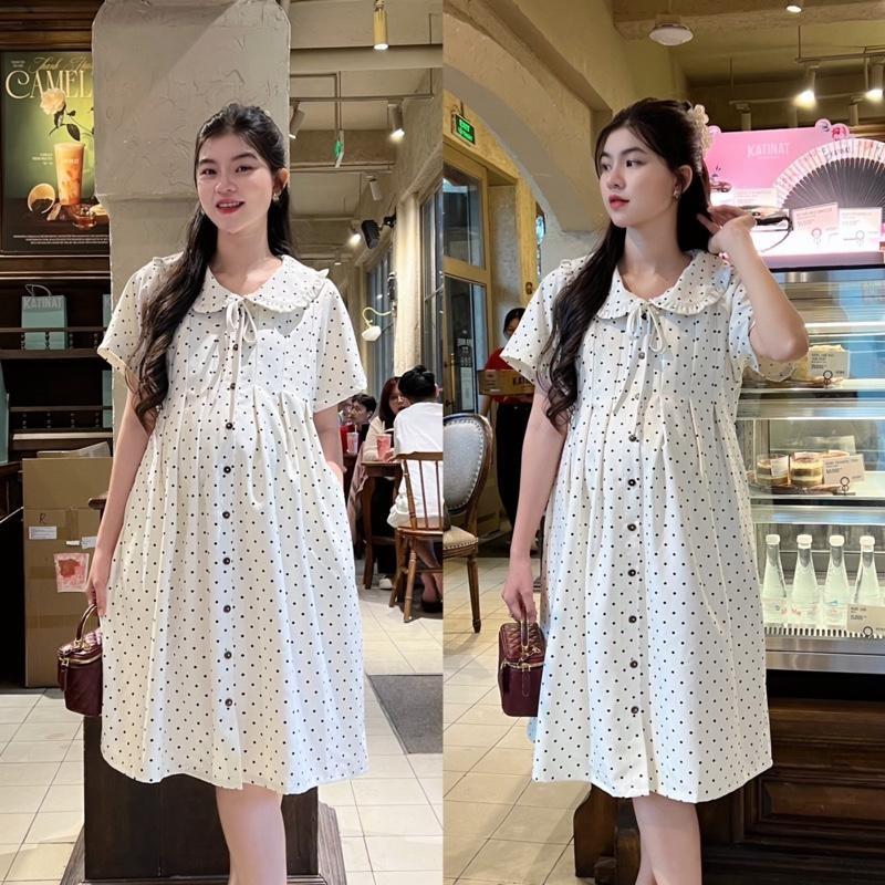 Đầm bầu chấm bi cổ sen phối nút dáng suông cho mẹ mang bầu và sau sinh Váy Bầu Dễ Thương - Bi xanh đen