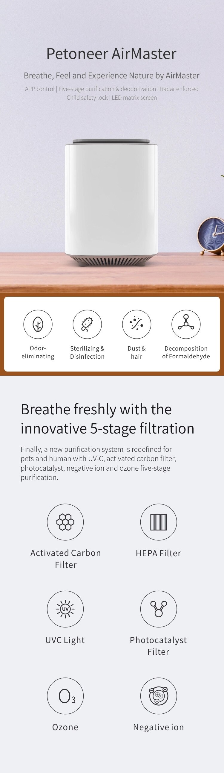 PETONEER AirMaster App-controlled Mini Smart Home Pet Air Purifier with Radar Detector and Multiple Purification