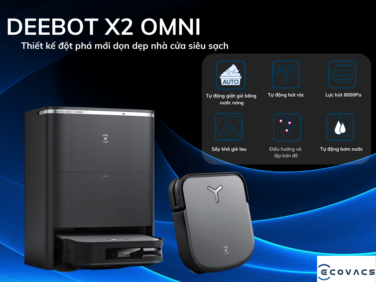 Robot Hút Bụi Lau Nhà ECOVACS X2 OMNI Kết Nối App Làm Mát Không Khí Khử Mùi, Trợ Lý Ảo YIKO, Công nghệ OZMO 2.0, Lực Hút 8000 Pa, Phù Hợp Diện Tích 250m2, Công Suất 45 W - Hàng Chính Hãng