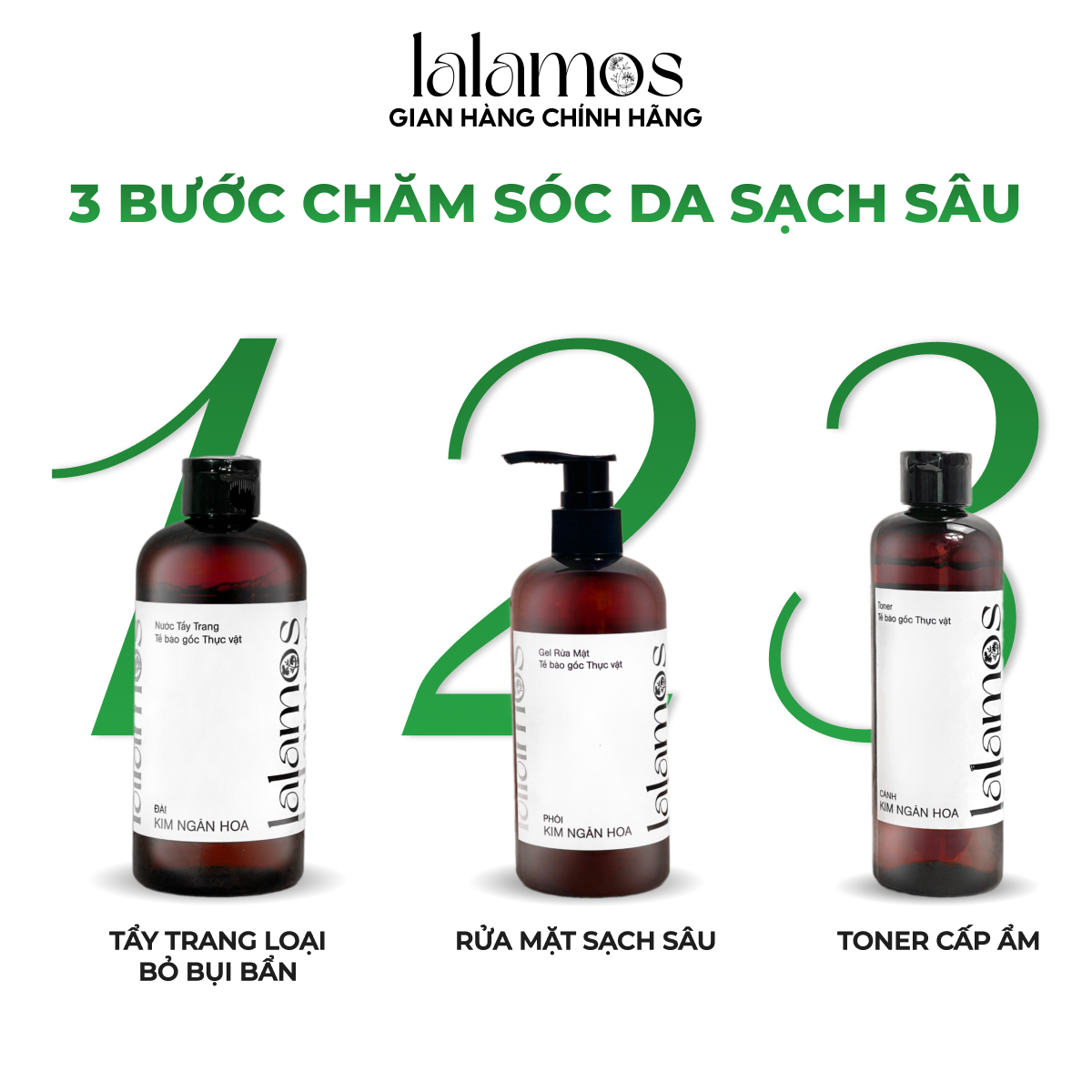 Combo sạch da Lalamos Nước tẩy trang Đài Kim Ngân Hoa 280ml + Sữa rửa mặt Phôi Kim Ngân Hoa 280ml