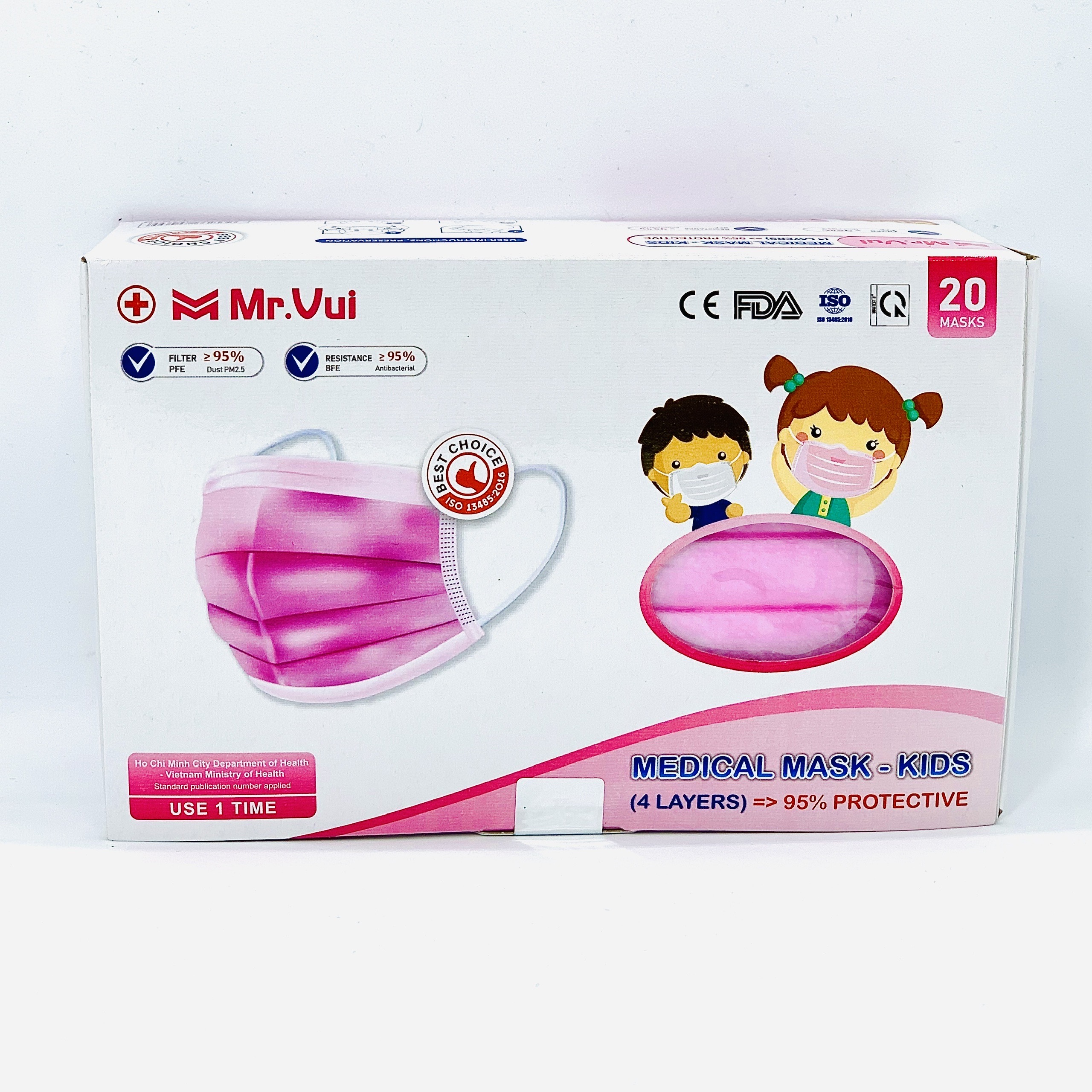KHẨU TRANG Y TẾ 4 LỚP CHO TRẺ EM Mr.VUI - VẢI KHÔNG DỆT KHÁNG KHUẨN – HỘP 20 CÁI – MÀU HỒNG