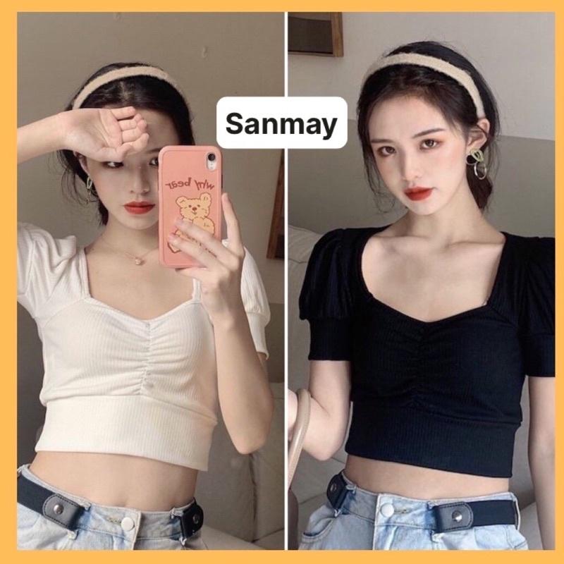 Áo Croptop Nữ Tay Ngắn Ôm Body SANMAY Áo Thun Croptop Tay Phồng Cổ Vuông Đẹp, Kiểu Ulzzang Sexy 5 Màu Đen Trắng AO012