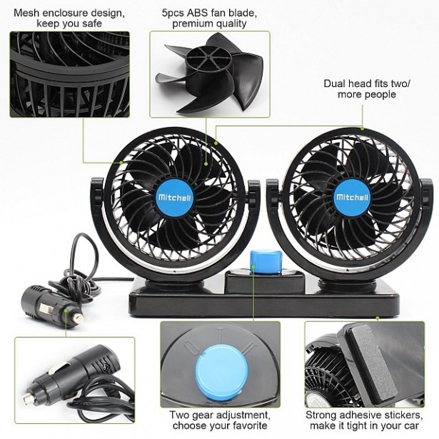 Quạt máy đôi mini 12v xoay 360 tiện ích trên ô tô, xe hơi cao cấp