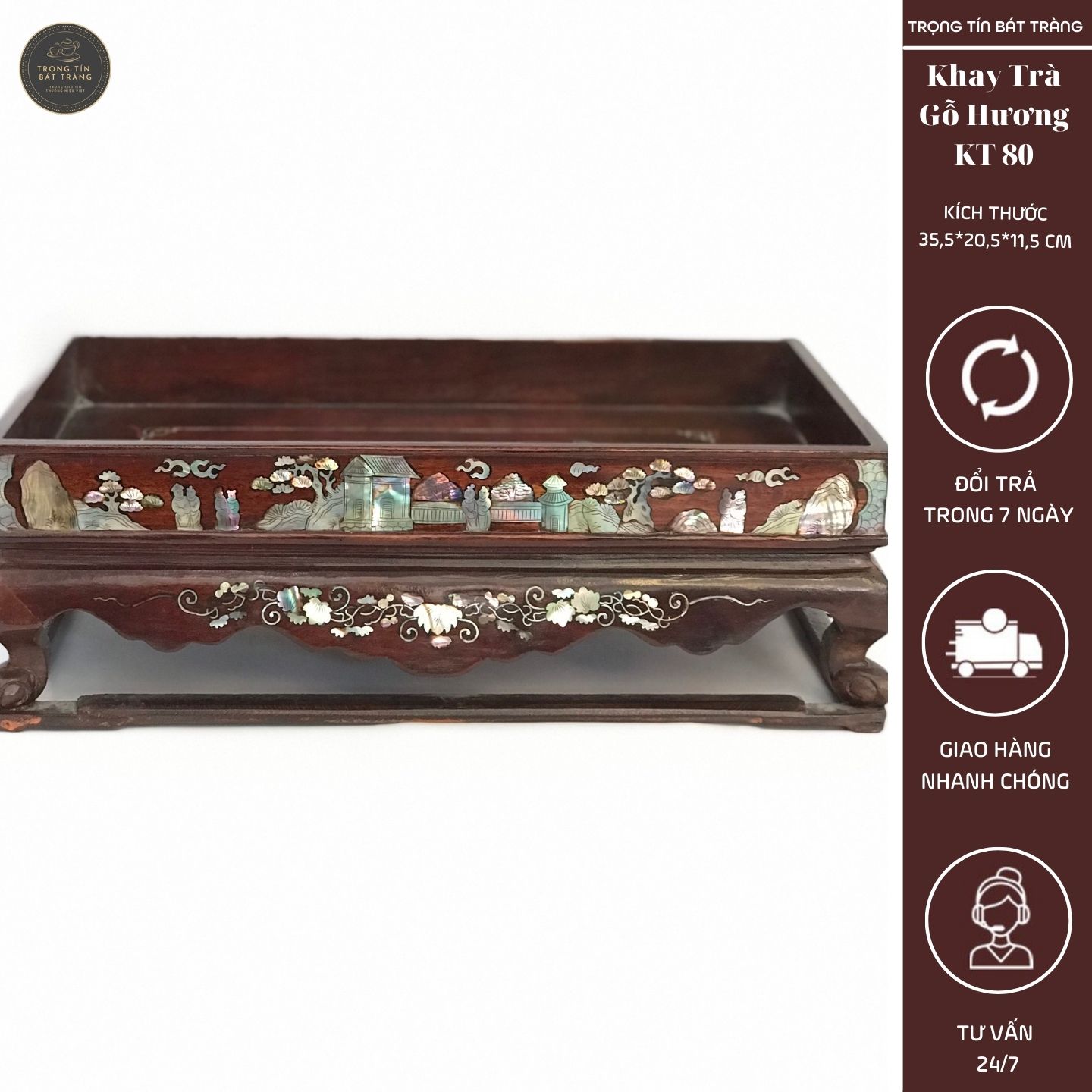 Khay Trà Gỗ Hương Hình Chữ Nhật Kích Thước 35,5*20,5*11,5 cm KT 80