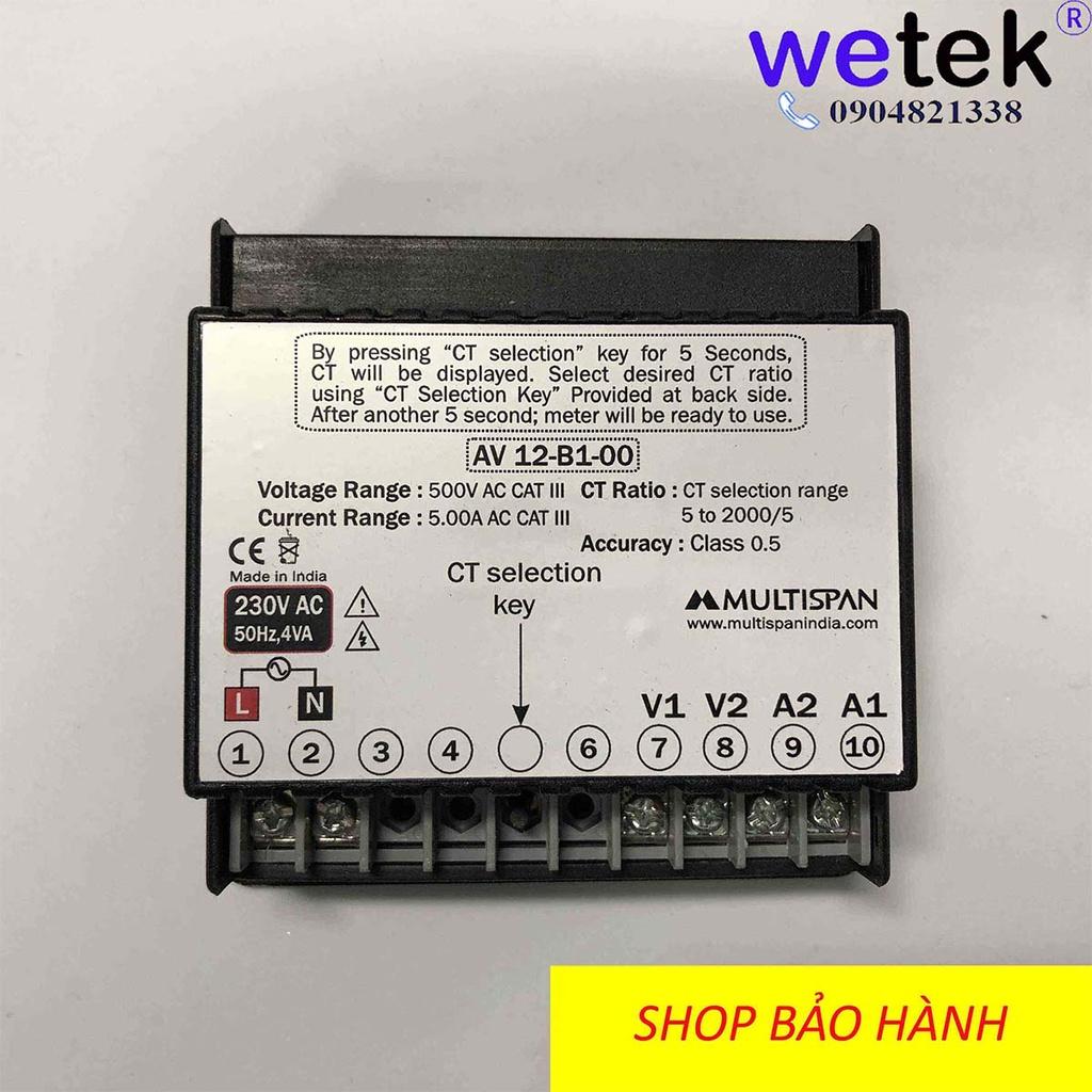 Multispan AV-12, Đồng hồ đo dòng, áp 1 pha, trực tiếp tới 30A, gián tiếp qua CT, cấp cx 0.5, LED hiện số, mặt cánh tủ