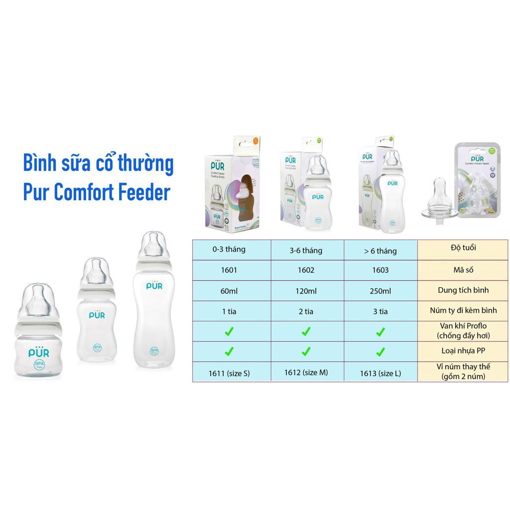 Combo 2 bình sữa cổ thường Pur - Comfort Feeder 250ml + tặng gói khăn ướt Pur 20 tờ