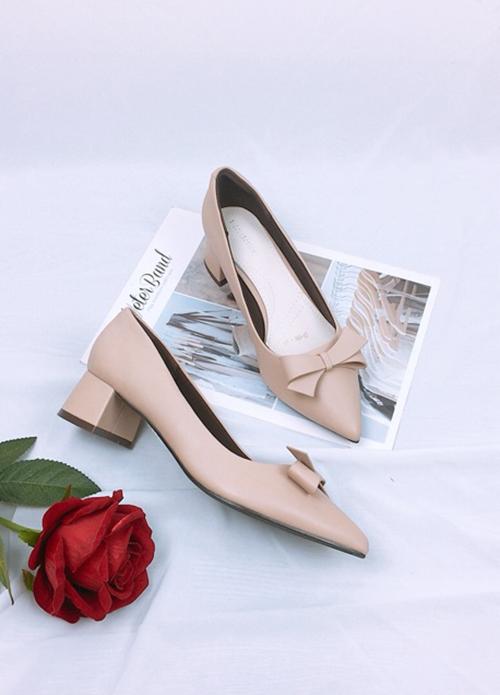 Giày cao gót nơ da mềm cao cấp trụ 4cm màu kem
