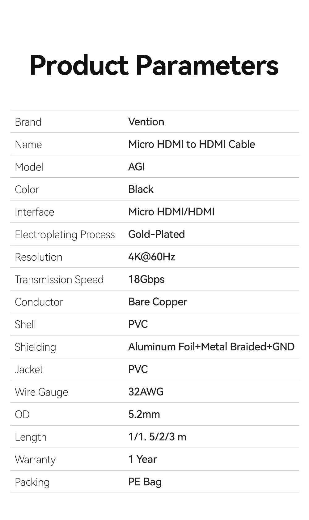 [ Micro HDMI - HDMI ] Cáp chuyển 2 chiều HDMI-D ra HDMI-A male 4K@60Hz Vention AGI _ hàng chính hãng