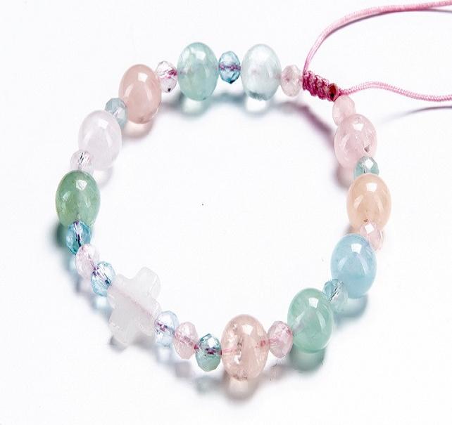 Vòng Chuỗi Mân Côi Beryl đa sắc 08mm mix Thánh Giá Thạch Anh Trắng BER02 - VIETGEMSTONES