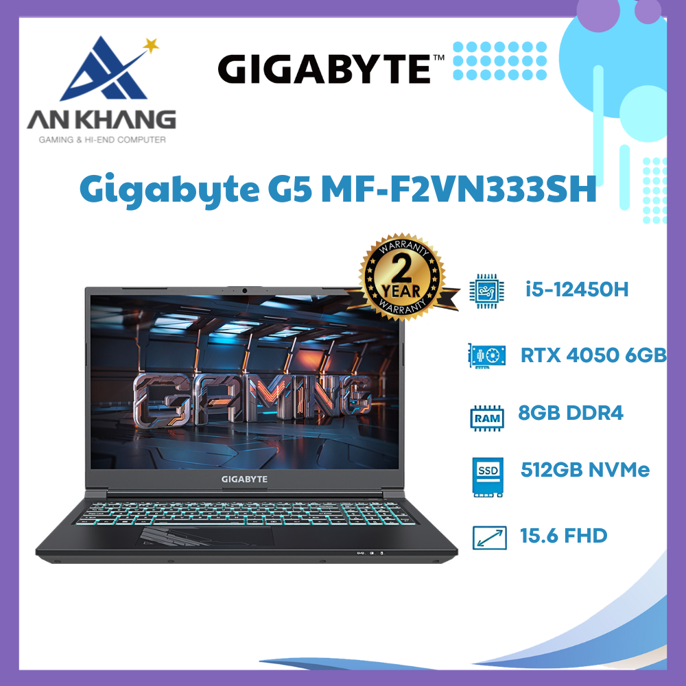Laptop Gigabyte G5 ( MF-F2VN333SH ) | Đen | Intel core i5 - 12450H | RAM 8GB | 512GB SSD | NVIDIA Geforce RTX 4050 6GB | 15.6 inch FHD | Win 11 Home | 2Yr - Hàng Chính Hãng - Bảo Hành 24 Tháng
