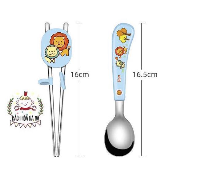 Bộ Thìa/ Muỗng và Đũa Xỏ Ngón Cho bé tập ăn Inox 304 Cao cấp chống rỉ Hình đáng yêu - Nana Shop MOMYBABY