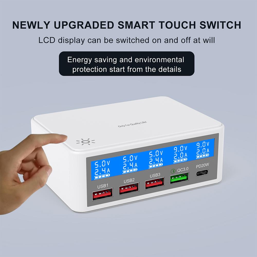 Multiple USB Charger 65W 5-Port USB Charging Stations with LCD Display PD 20W + QC3.0 Fast Charger Multi-Port USB Hub Charger for Smart Phones Tablet Earphone and More