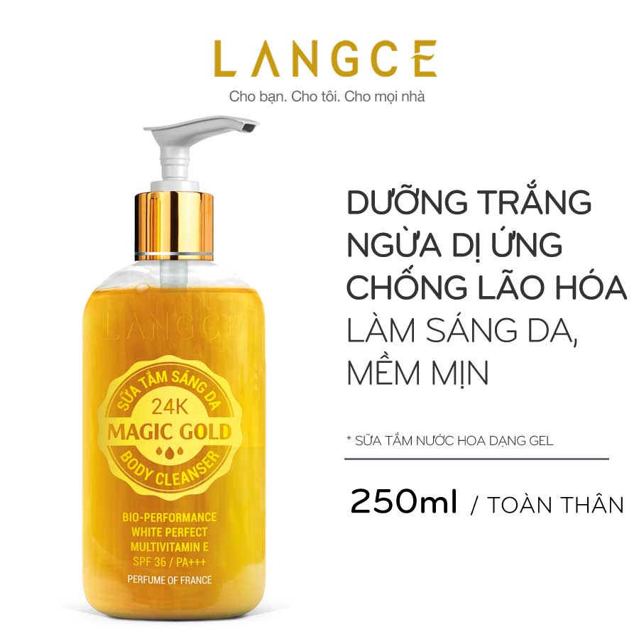 Sữa Tắm Gel 24k Sáng Da Dưỡng Ẩm Mềm Mịn Hương Nước Hoa 250ml TẶNG Kem Làm Rụng Lông Trắng Da 20ml LANGCE