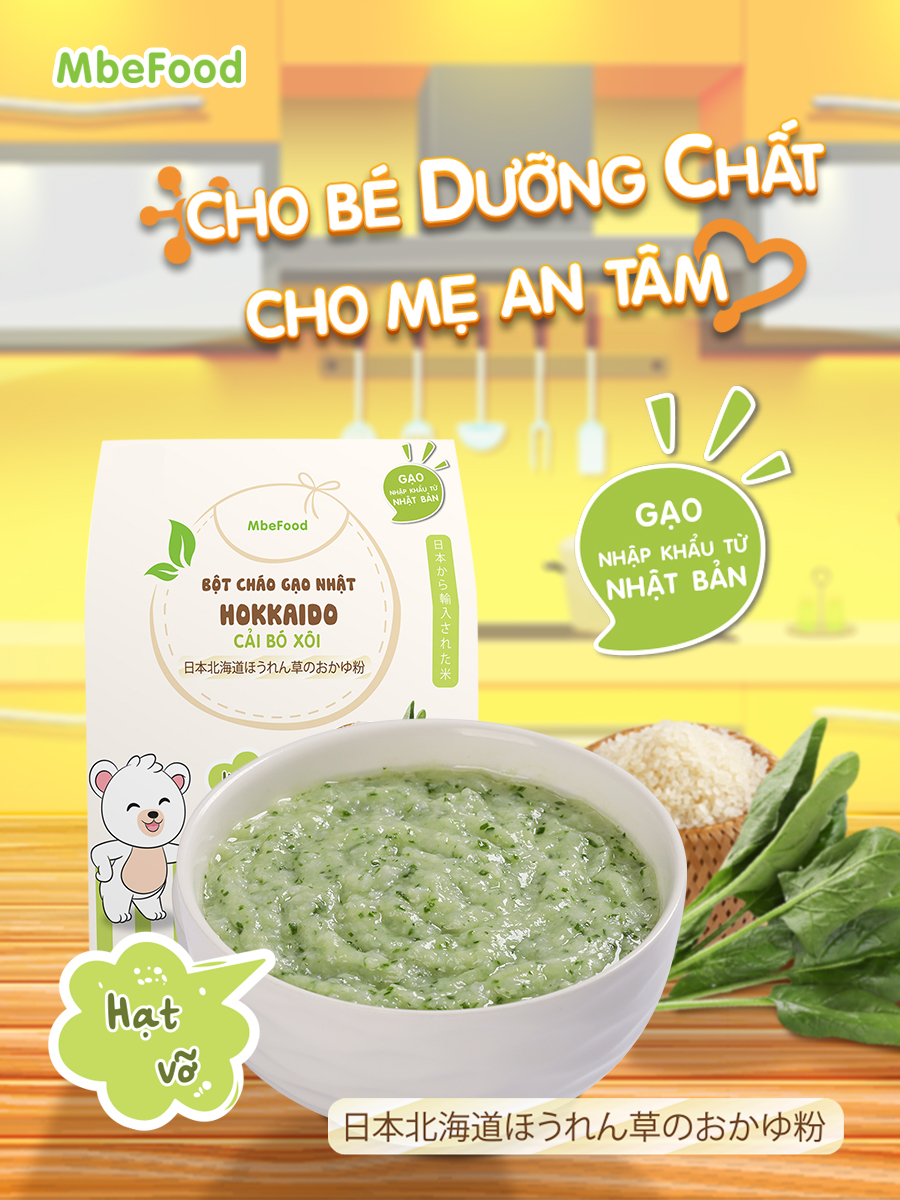 Cháo hạt vỡ cho bé ăn dặm MBeFood Bột cháo gạo Nhật Hokkaido cải bó xôi (Hộp 4 gói x 18g)