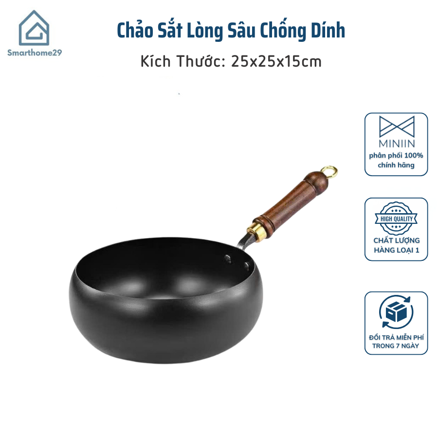 Chảo Sắt Lòng Sâu Chống Dính Phù Hợp Với Loại Bếp, Tay Cầm Cách Nhiệt Chống Bỏng, Chảo Nấu Ăn Tiện Lợi - HÀNG CHÍNH HÃNG MINIIN