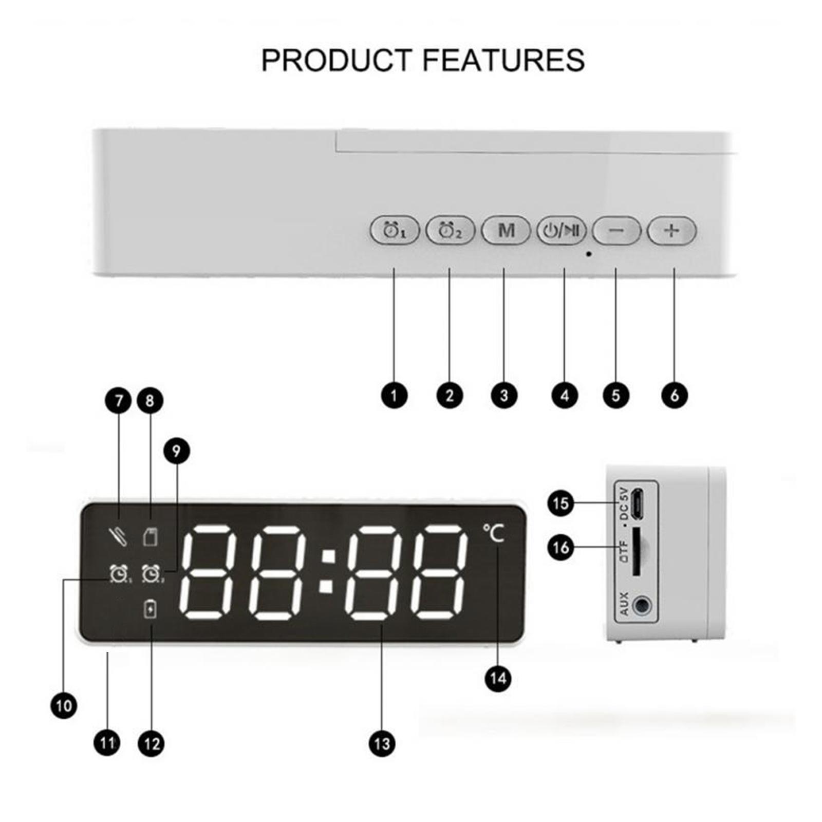 Bluetooth Speaker Large Display with Timer USB TF Card Desktop Bedside Black