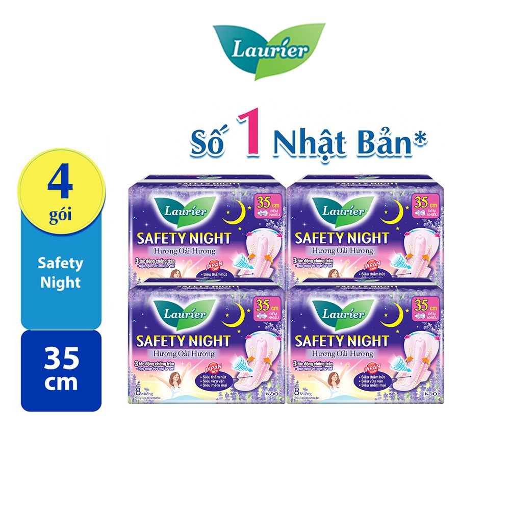 Combo 4 gói Băng vệ sinh Laurier Safety Night Đêm Siêu An Toàn 35 cm 8 miếng Hương Lavender