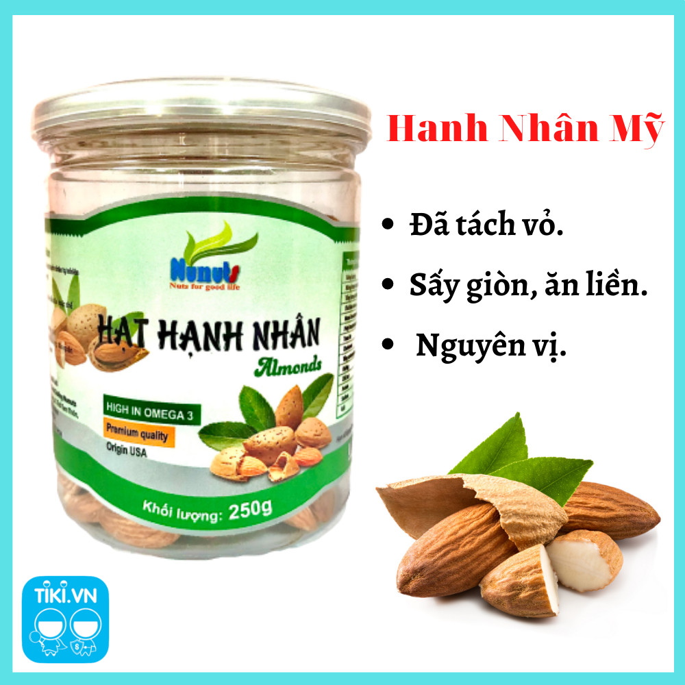 250G Hạt hạnh nhân tách vỏ Mỹ, đã sấy giòn, NGUYÊN VỊ, ăn liền Nunuts,thực phẩm tốt sức khỏe của bạn.