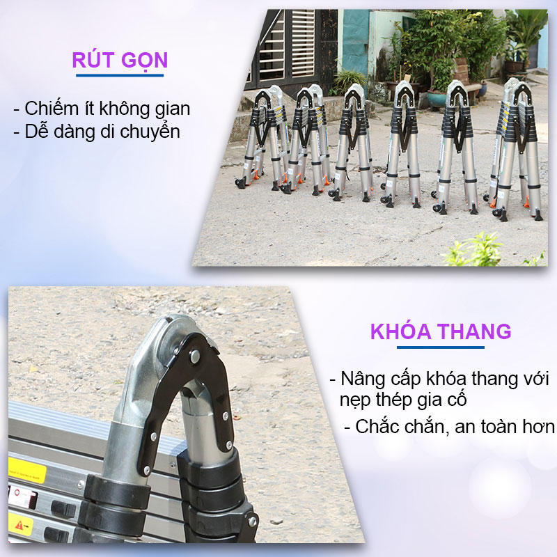 Thang nhôm rút đôi, có bánh xe di chuyển tiện lợi, thanh giằn khóa và thân thang an toàn, chiều cao từ 3,8m - 8m