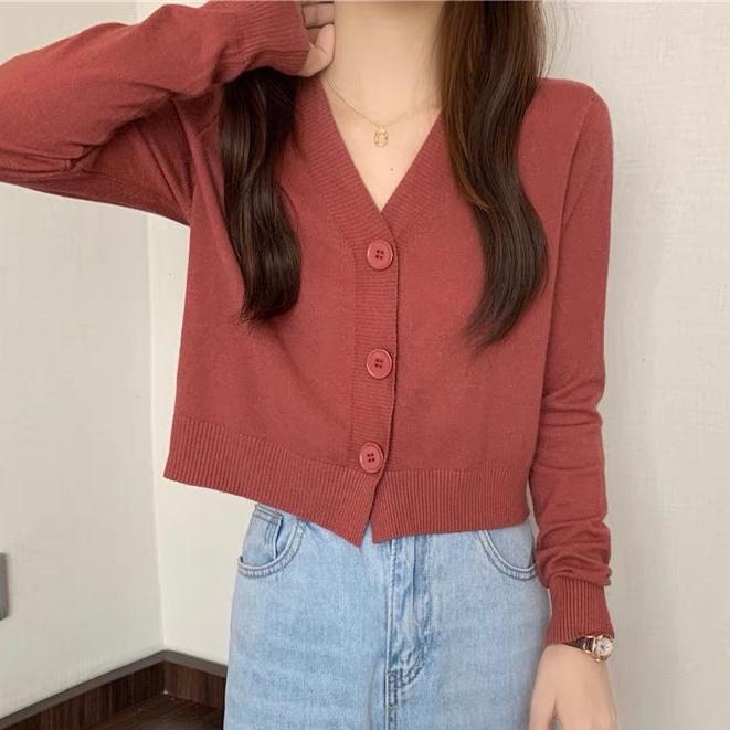 Áo khoác cardigan len mỏng nữ mềm mịn tay dài cổ V dáng ngắn phong cách Hàn Quốc 2021 New Arival