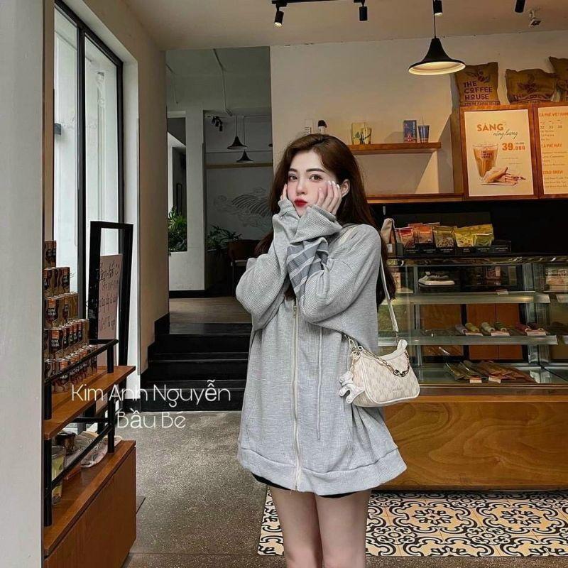 Áo khoác nỉ nữ sọc ngang tay form rộng kiểu hoodie full zip kéo mẫu áo khoác thể thao nhiều màu thời trang thu dông