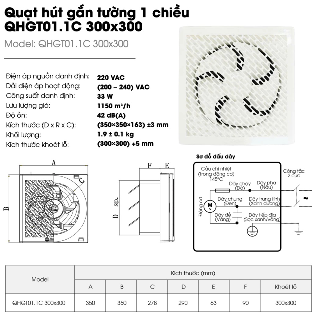 Quạt hút mùi thông gió gắn tường 1 chiều Rạng Đông QHGT01.1C cho nhà bếp, nhà tắm, phòng ngủ - Hàng chính hãng