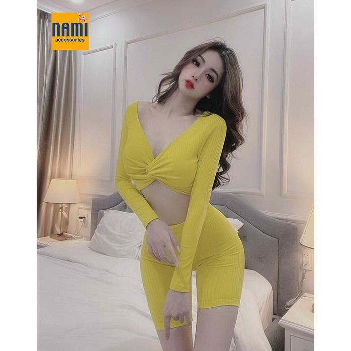 SET ÁO TAY DÀI XOẮN NGỰC KÈM QUẦN NGỐ LỬNG ÔM BODY QUYẾN RŨ GỢI CẢM - QANU444