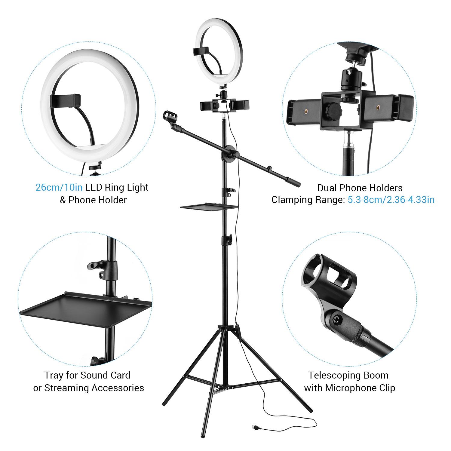 Bộ đèn vòng video 10 inch / 26cm 3 màu có thể thay đổi độ sáng 10 cấp 3200-5600K với đầu ba chân bóng Ba giá đỡ điện thoại
