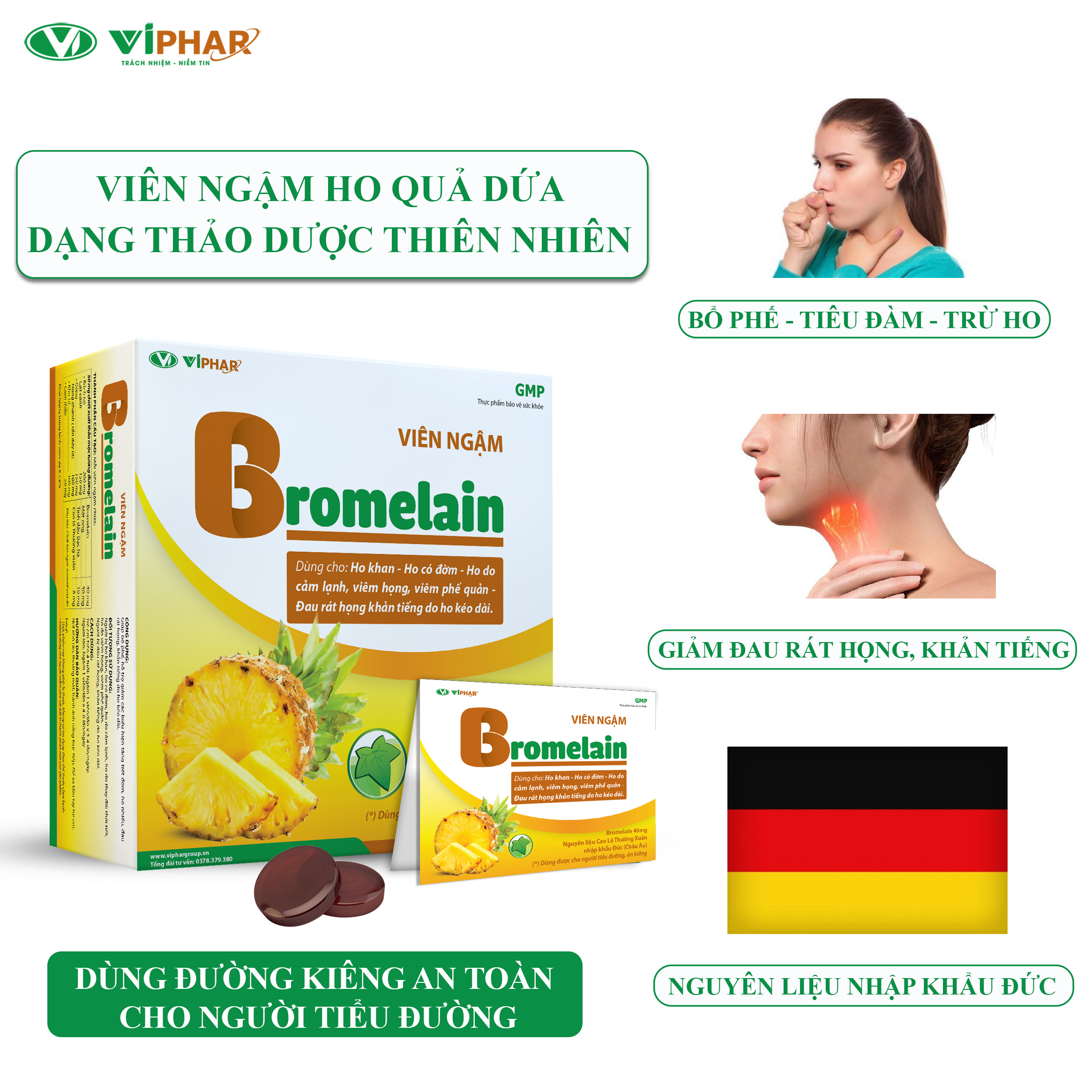 Viêm Ngậm Bổ Phế, Giảm Ho, Giảm Đau Rát Họng Nhanh, An Toàn Cho Người Tiểu Đường Viên Ngậm Ho Bromelain VIPHAR