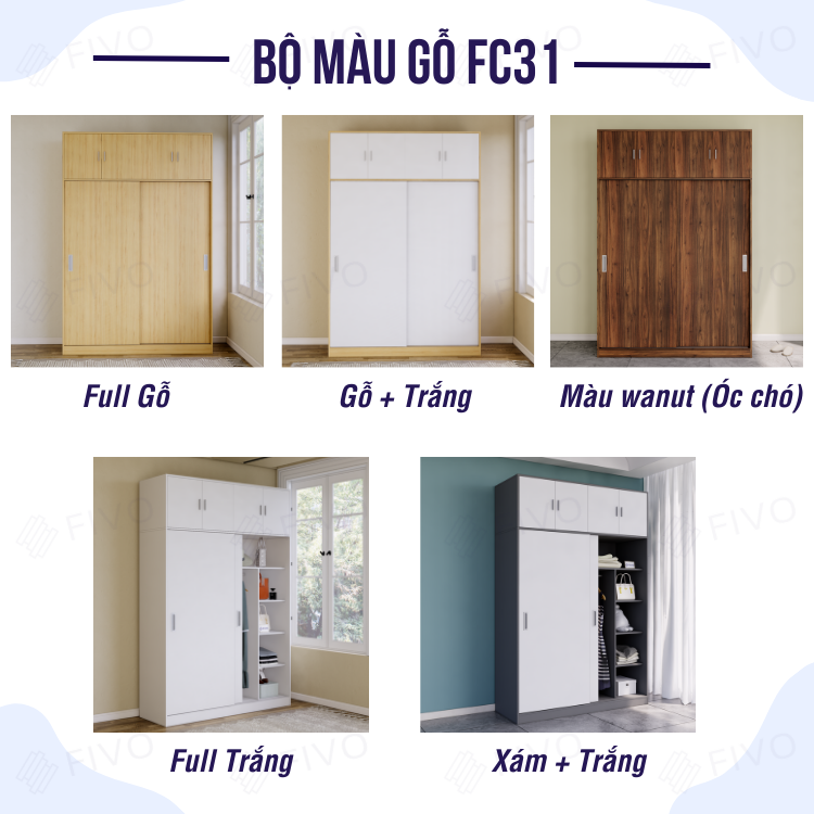 Tủ Treo Áo Quần Cửa Trượt Gỗ Lõi Xanh Chống Ẩm Cao Cấp FIVO Mã FC31 Nhiều Kích Thước Phù Hợp Với Mọi Không Gian - Màu Xám + Trắng