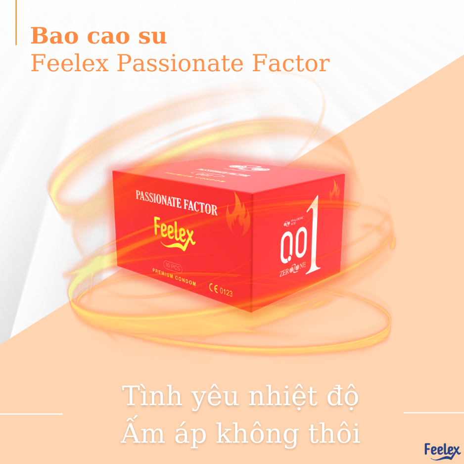 Bao cao su nam Feelex Passionate Factor mỏng, nhiều gel bôi trơn, ấm nóng truyền nhiệt - Hộp 10 bcs