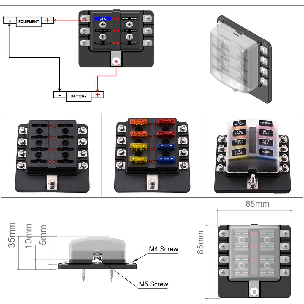 6 & 8 Way Circuit Standard ATO ATC Blade Fuse Box Block Holder Stud Terminal