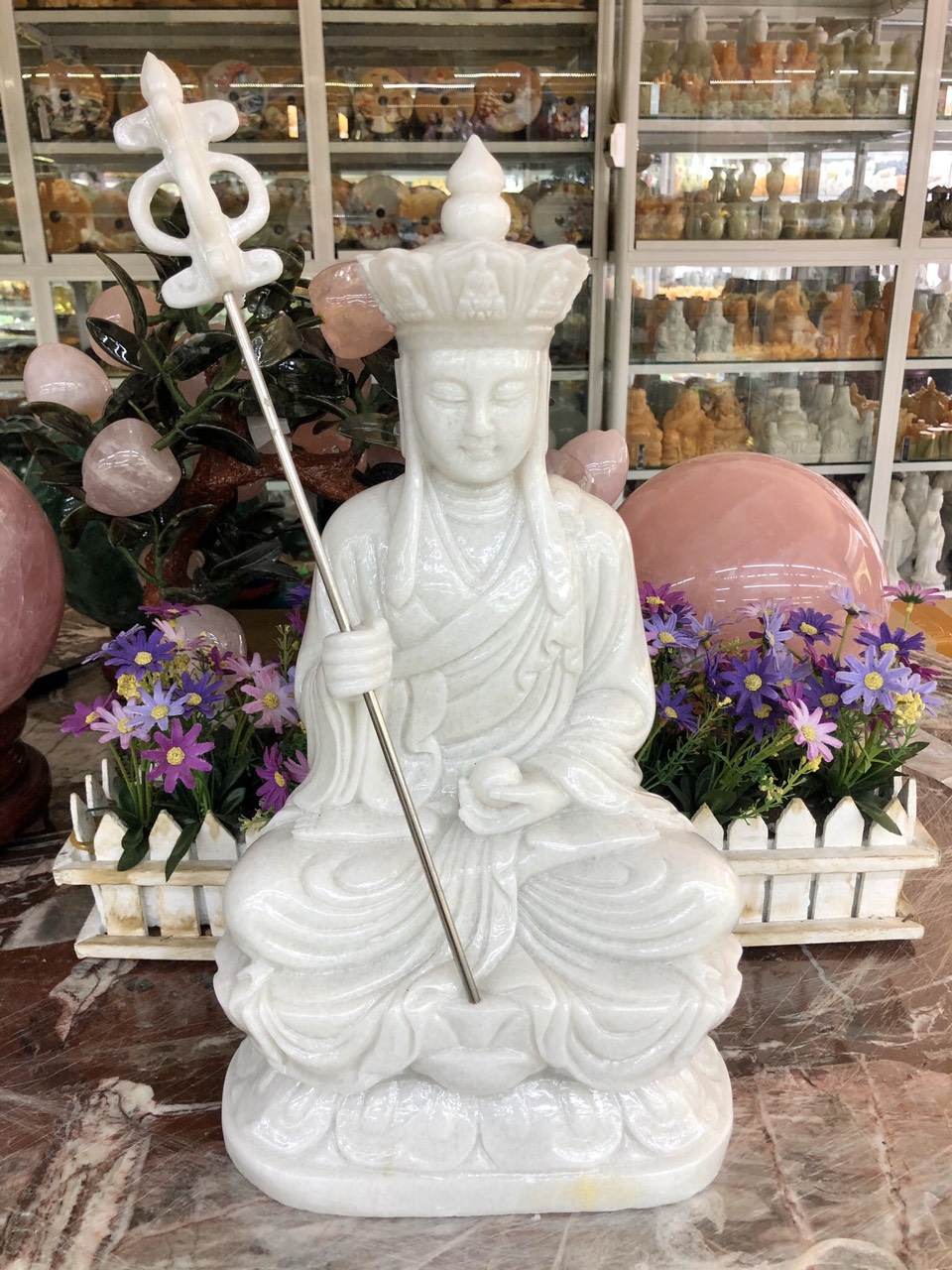 Tượng địa tạng vương bồ tát ngồi đài sen đá cẩm thạch trắng - Cao 40 cm