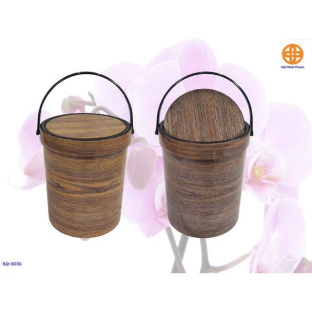 Thùng rác lật tròn vân gỗ Nhựa Việt Nhật