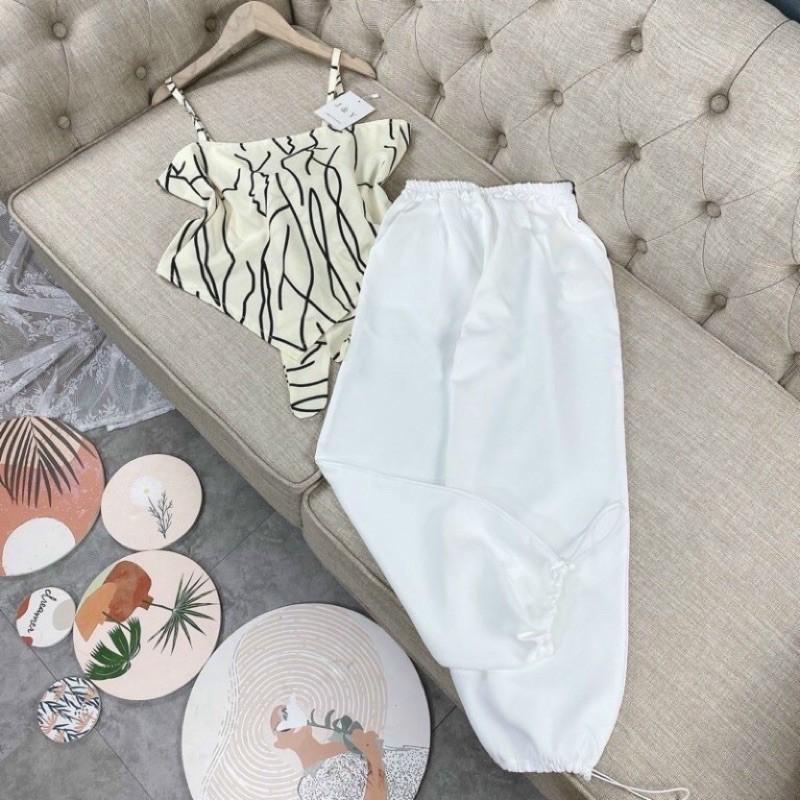 Set áo yếm lụa cột nơ sau kèm quần jogger chất lụa kèm cotton mịn-N