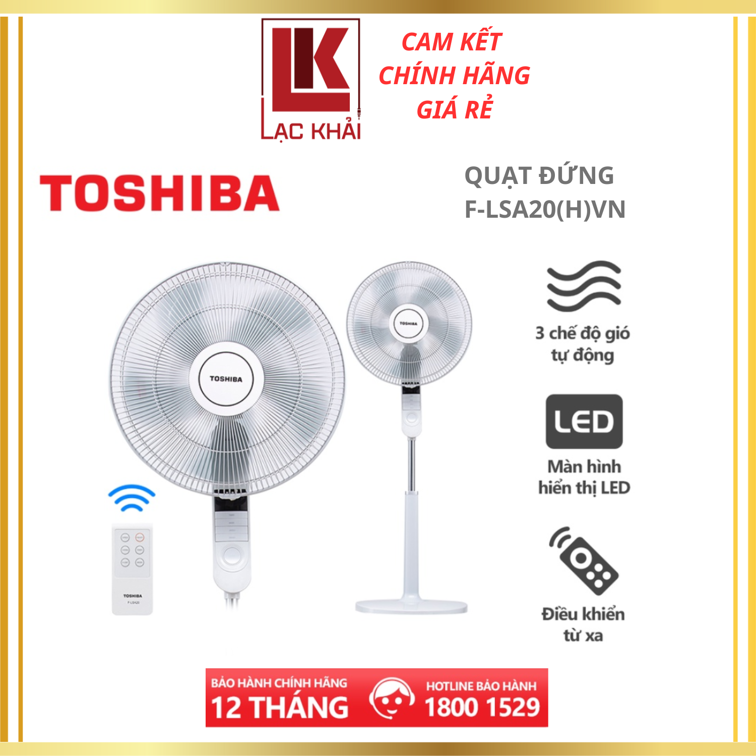Quạt đứng Toshiba F-LSA20VN, Màu xám, 60W - Điều khiển từ xa - 5 cánh - Hẹn giờ tắt/mở - Hàng chính hãng, bảo hành 12 tháng