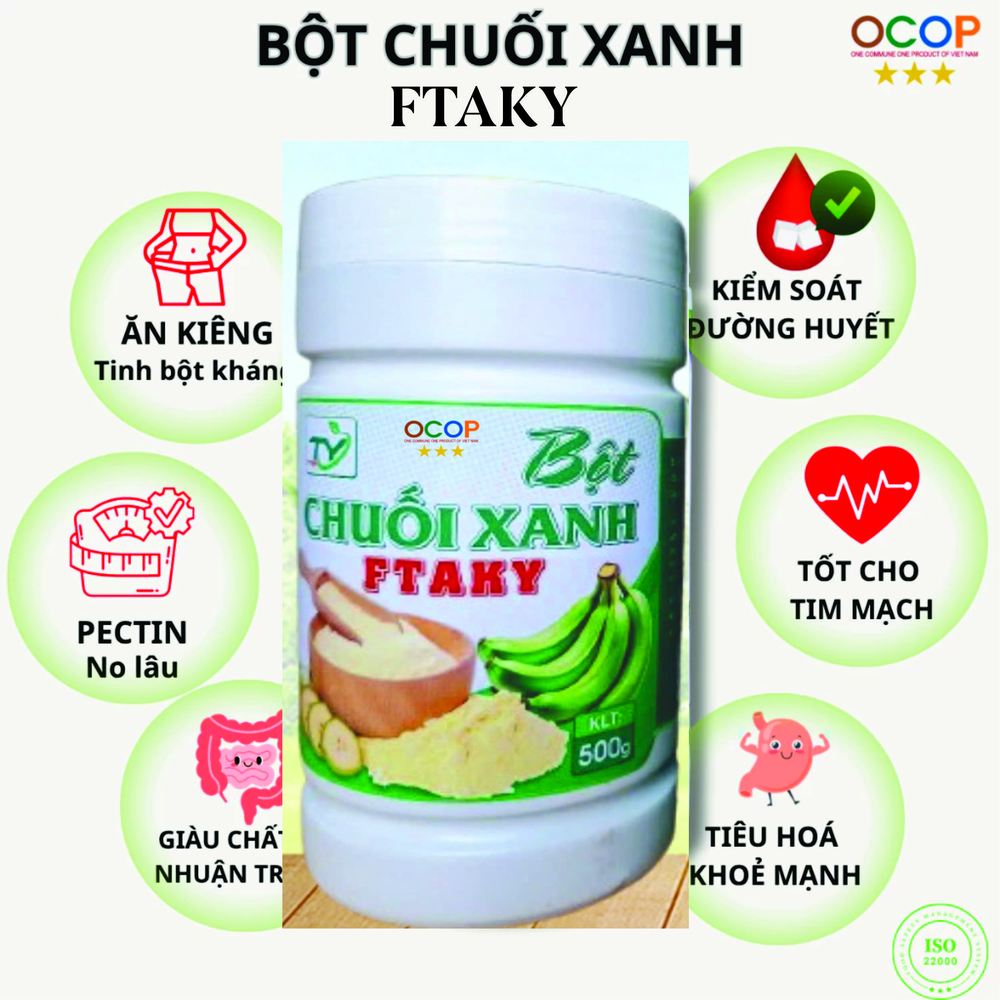 Bột Chuối Xanh Ftaky OCOP 3 Sao, Sấy Lạnh, Giàu Tinh Bột Kháng hộp 500g