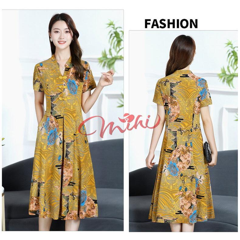 Váy trung niên nữ cho mẹ V36 - Đầm nữ cổ sơ mi cho người lớn tuổi, thời trang mùa hè thu giá rẻ Bigsize