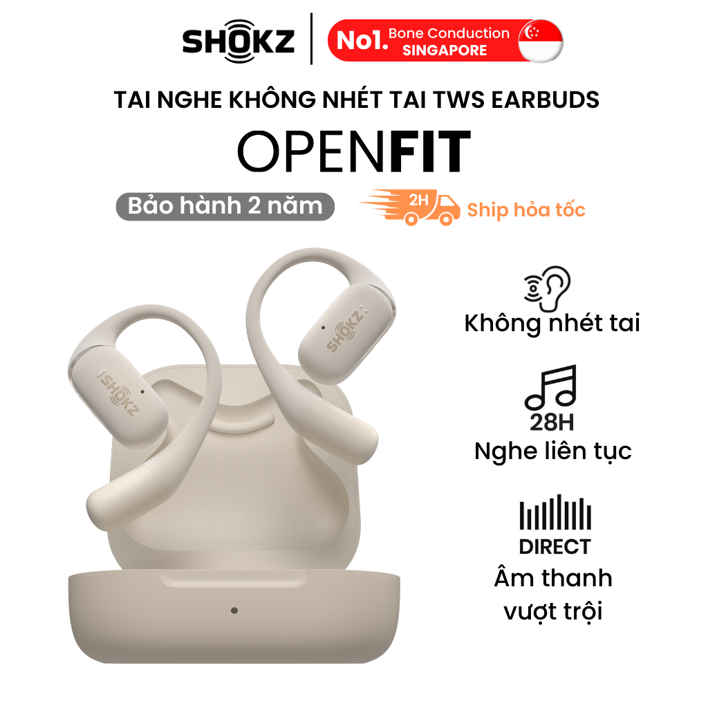 Tai nghe không nhét tai Bluetooth True Wireless Earbuds Shokz OpenFit - Màu Be - Thế Hệ Mới Nhất - Hàng Chính Hãng