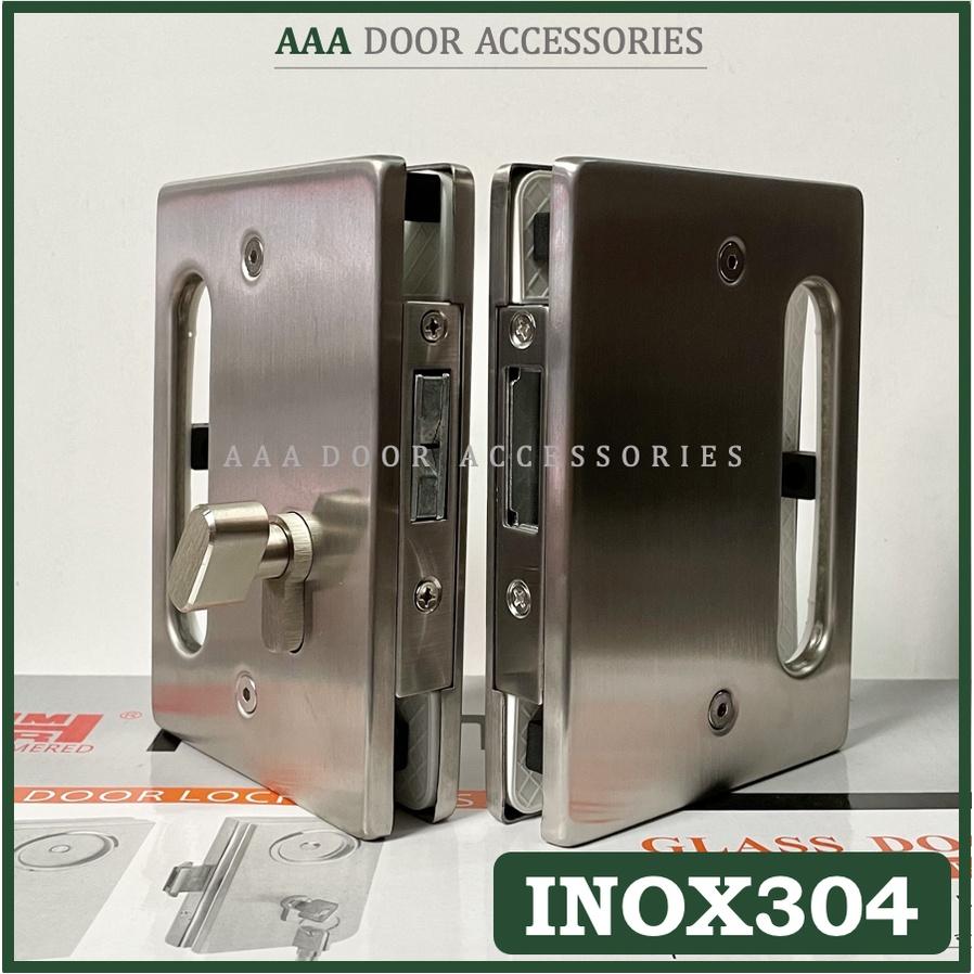 Khóa cửa kính 2 cánh tay nắm âm vuông HAMMERED - Khoá cửa kính cường lực INOX304 mờ