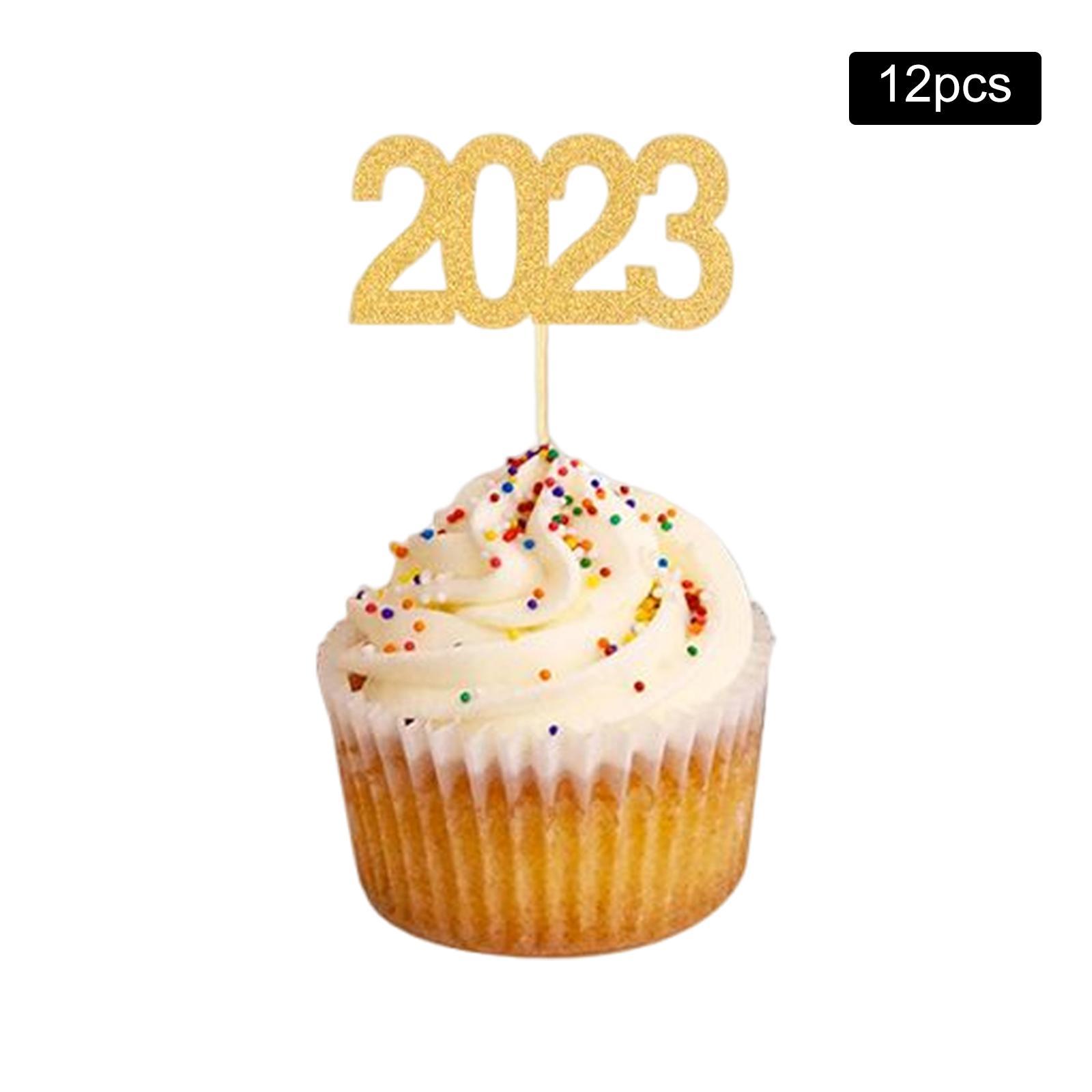 12Pcs 2023 Cupcake Topper Glitter for Party Decor Birthday Theme Supplies