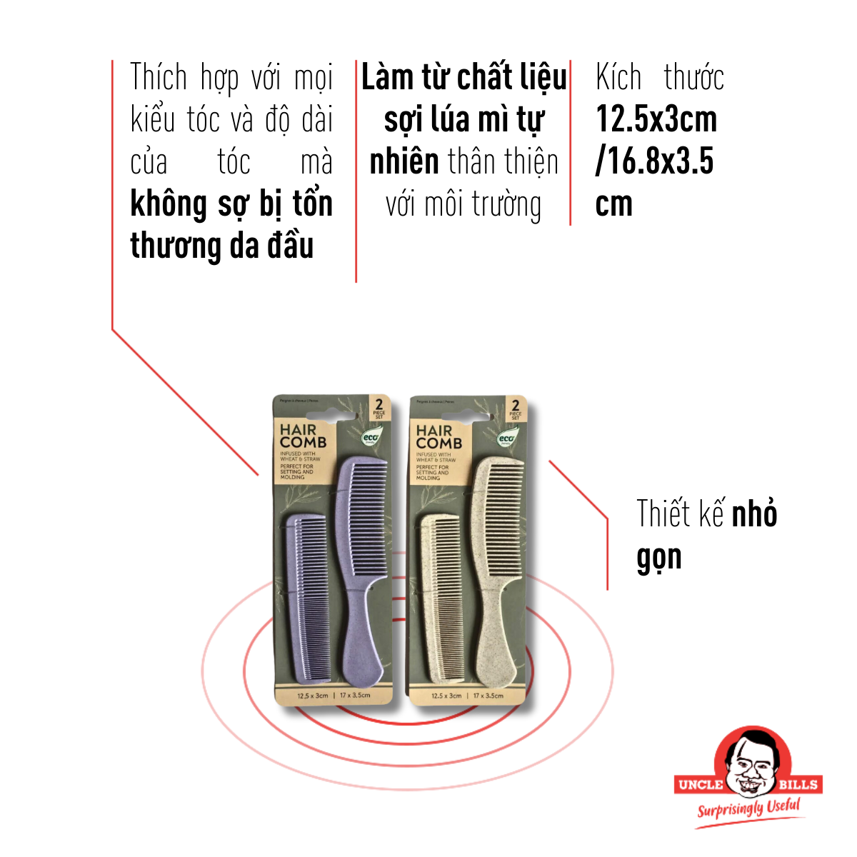 Lược Chải Tóc Sợi Lúa Mì 2 Cái Uncle Bills AH4595