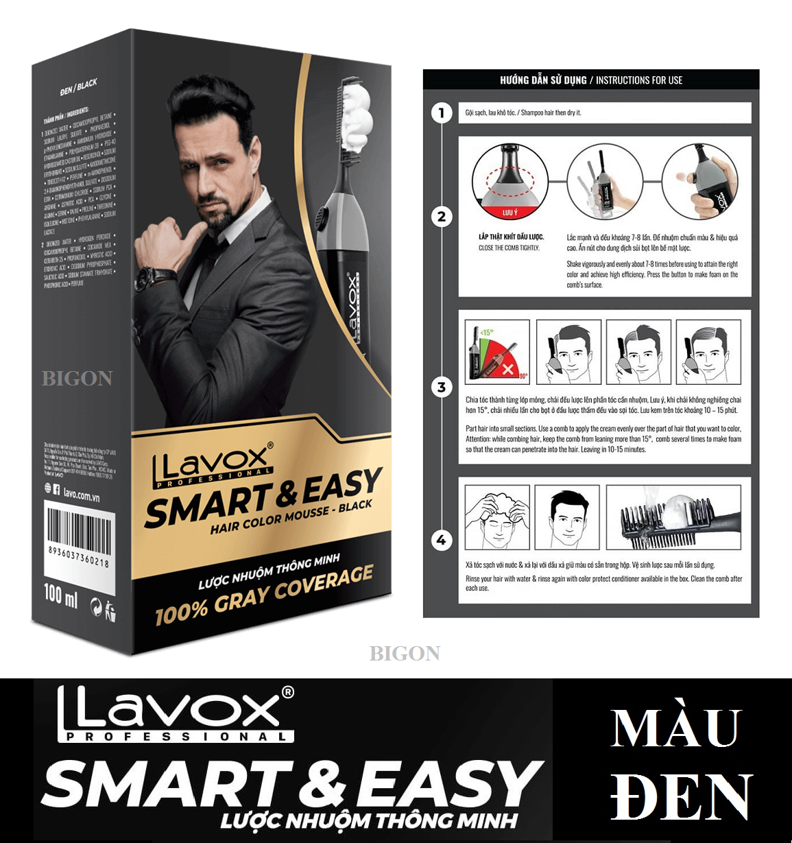 [Màu Đen] Lược Nhuộm Tóc Thông Minh Tiện Lợi Lavox Smart &amp; Easy - Sử Dụng Được Nhiều Lần