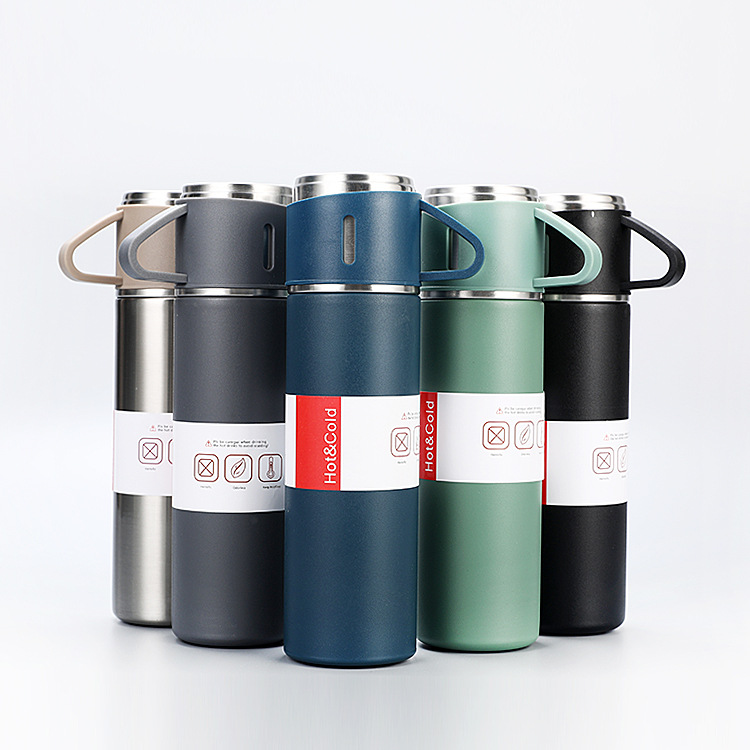 Set Bình Giữ Nhiệt + 2 Ly Cách Nhiệt Vacuum Flask 500ml Inox Cao Cấp MÀU XÁM SÁNG TƯƠI VÀ ĐEN  - Dru Hàng Chính Hãng