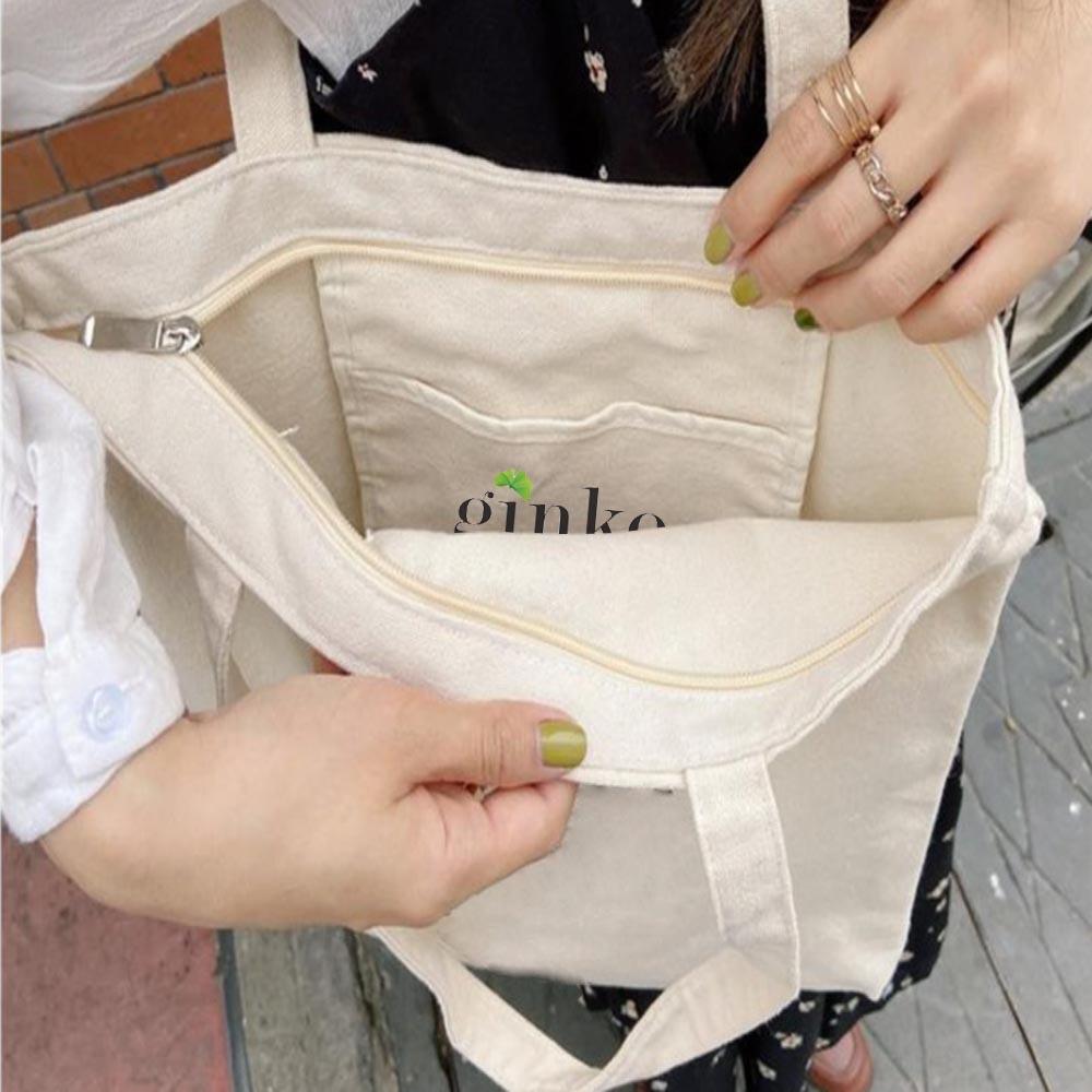 Túi tote vải mộc GINKO có dây kéo khóa miệng túi đựng vừa laptop 14 inch và nhiều đồ dùng khác in hình Snoopy and Friends M105